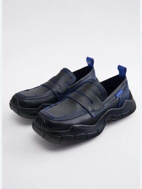 NWT ZARA X ADER ERROR MENS BLACK LEATHER CHUNKY SOLE LOAFERS BLUE OUTLINE 39 6.5